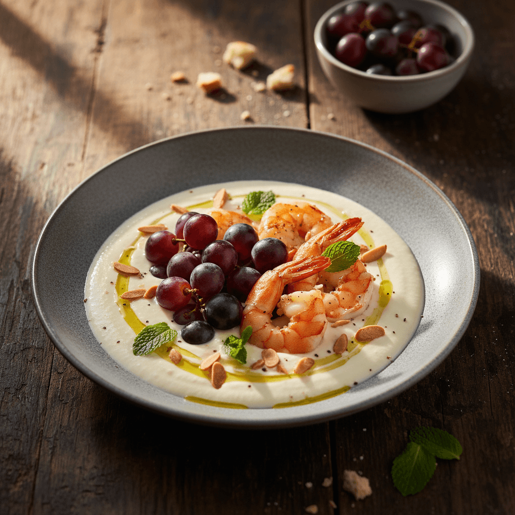 Ajo blanco con uvas y langostinos