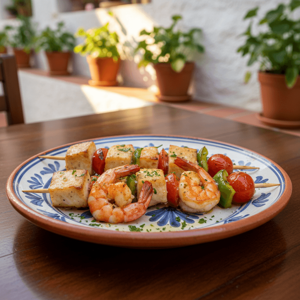 Brocheta de rape y langostinos