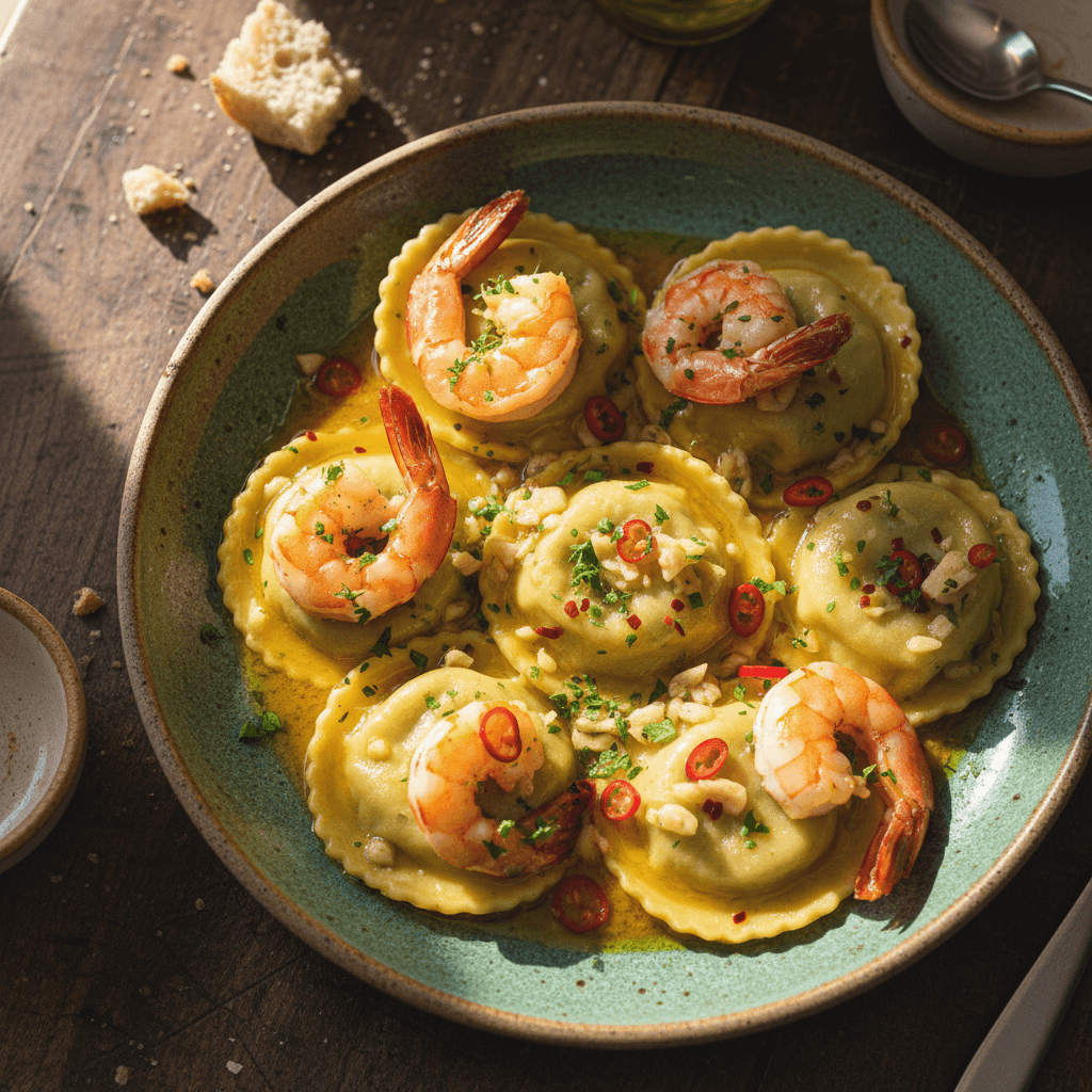 Ravioli de gambas al pil-pil