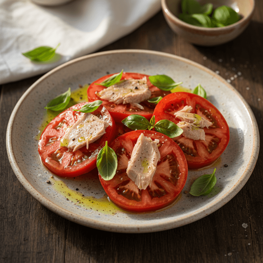 Tomate raf con ventresca y albahaca