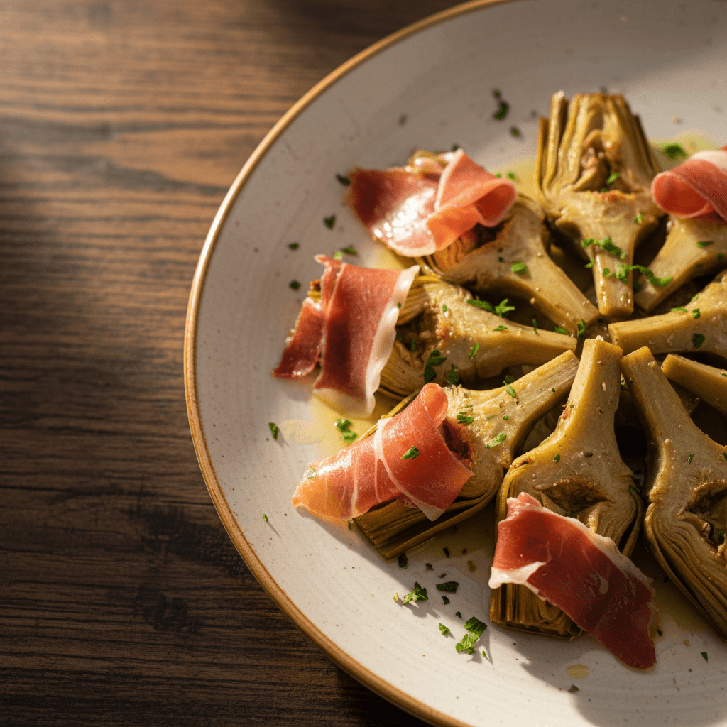 Alcachofas confitadas con jamón