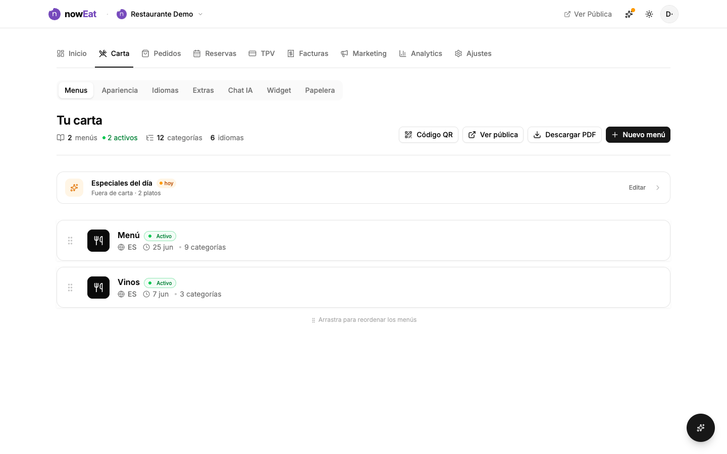 Editor de un menú: categorías, subcategorías y platos en una sola pantalla