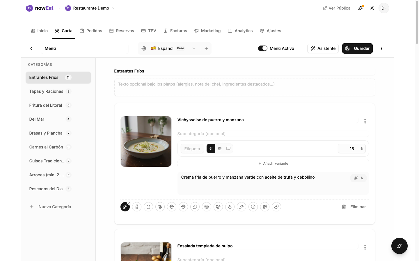 Selector de tipo de precio: fijo, por unidad (€/kg) o texto