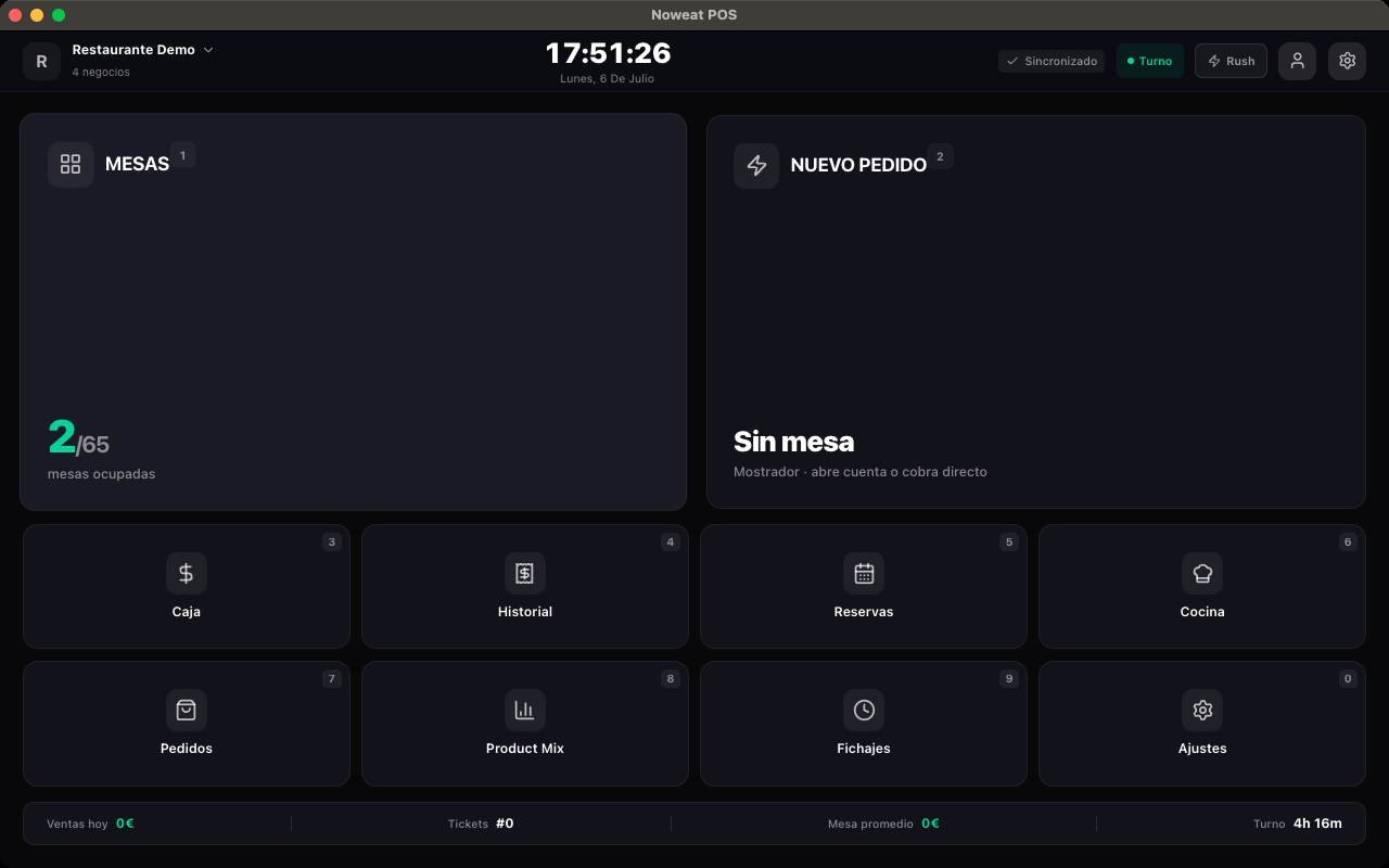 La Home del TPV de escritorio: Mesas y Nueva venta arriba, accesos directos con atajos numéricos (Caja, Historial, Reservas, Cocina…) y el estado del turno abajo.