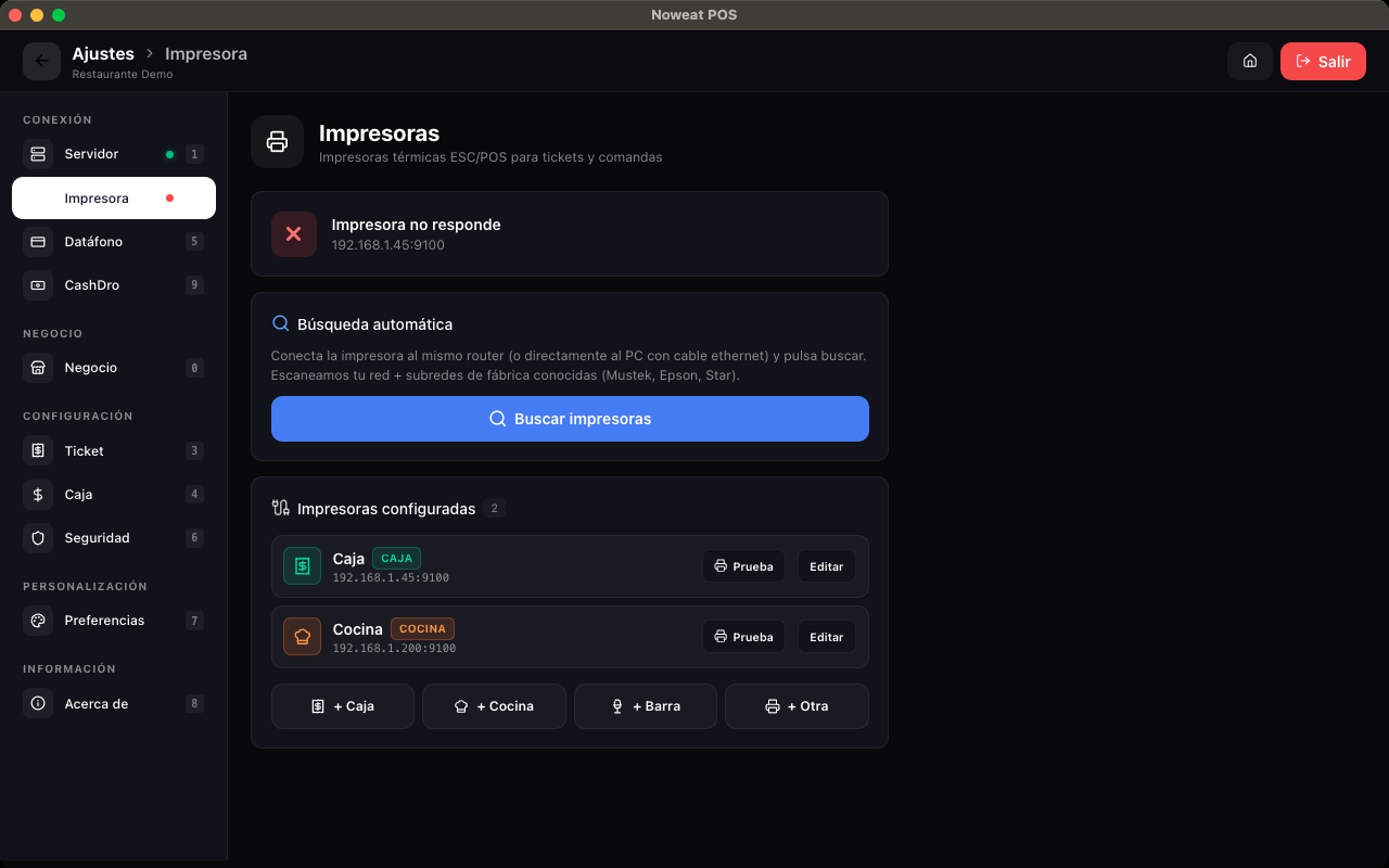 Ajustes › Impresora en el TPV: búsqueda automática de impresoras de red e impresoras ya configuradas por rol (Caja y Cocina), cada una con su prueba de impresión.