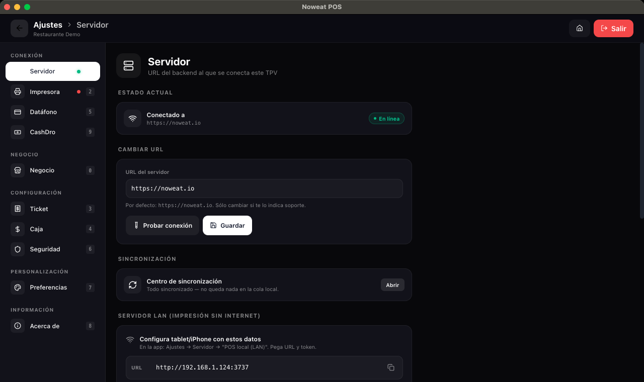 Ajustes › Servidor en el TPV: el estado de la conexión y los datos del servidor local (LAN) que el iPhone y el iPad usan para emparejarse.