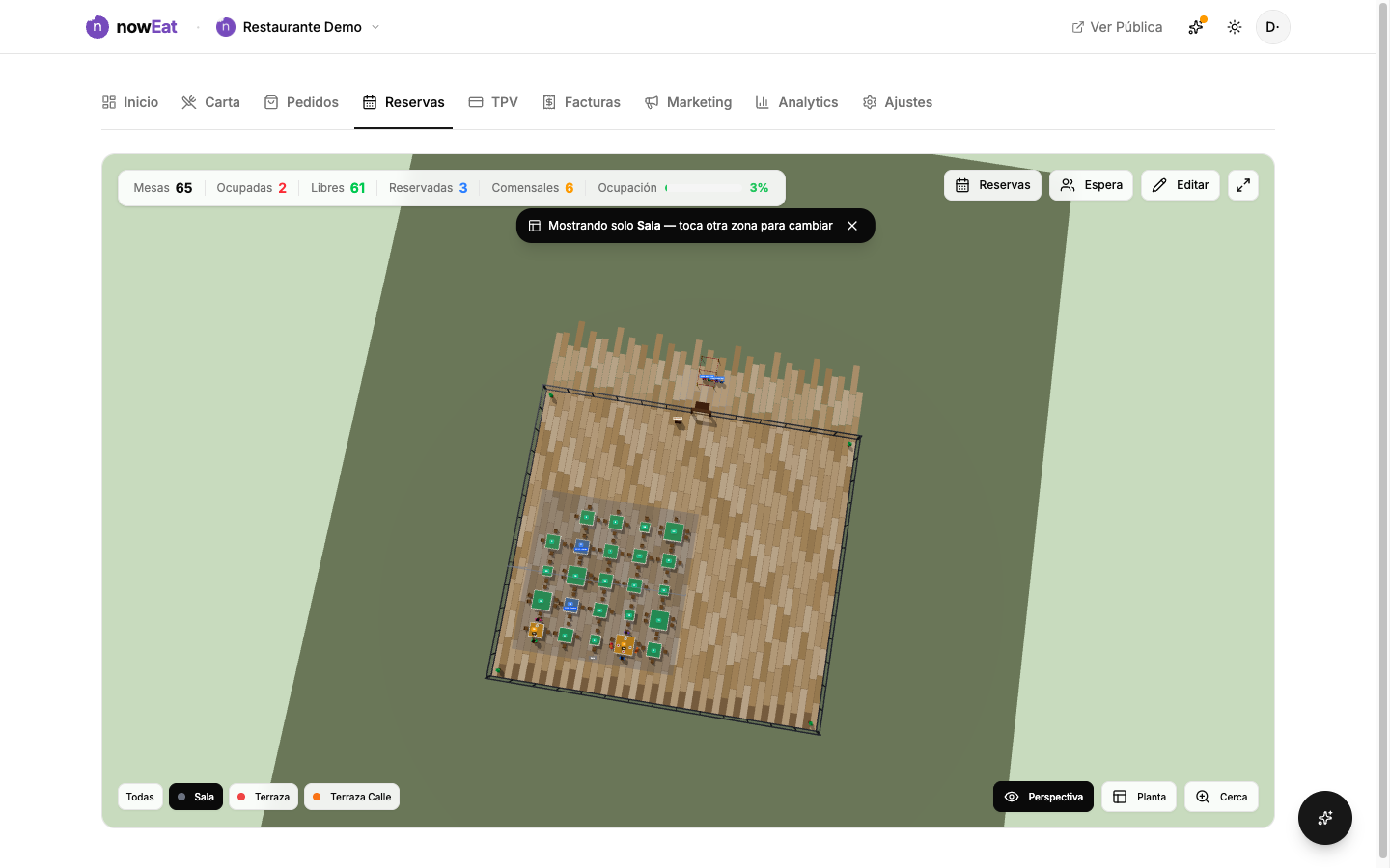 Editor de plano con las vistas 2D y 3D, paredes, zonas y mesas