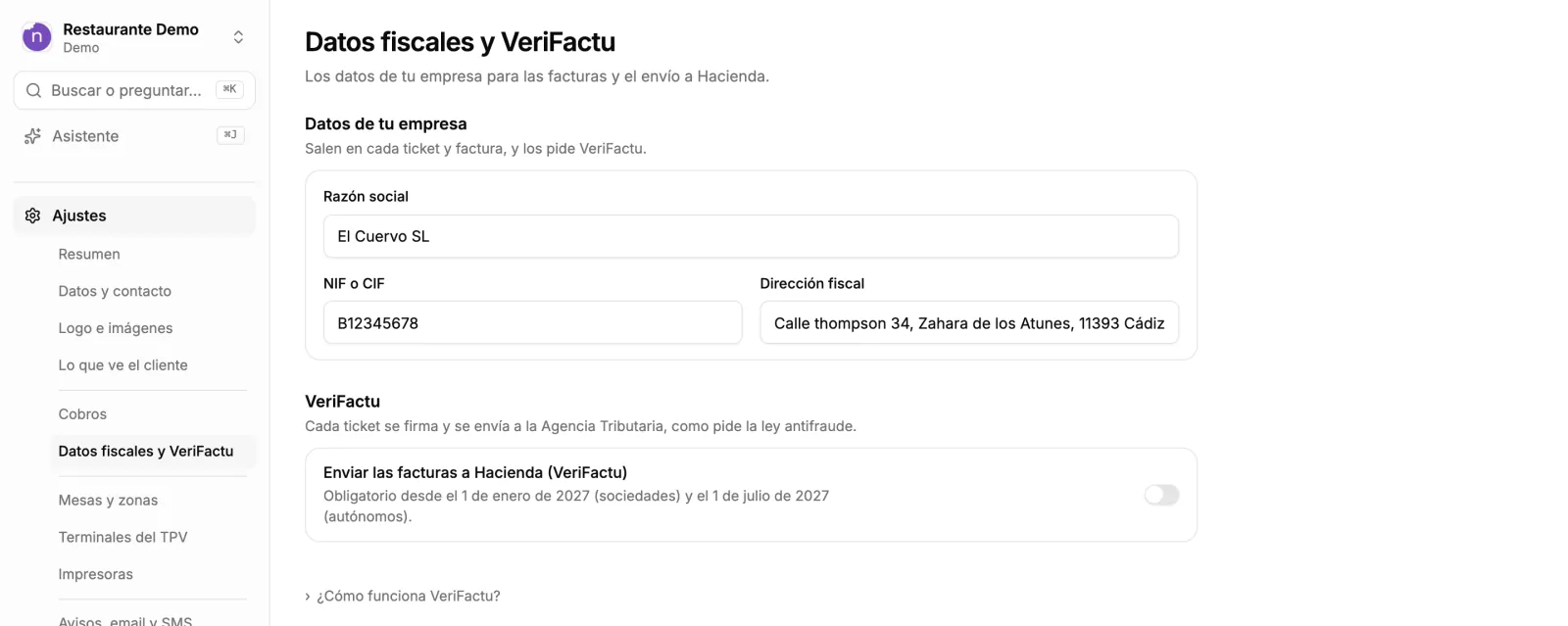 Ajustes › Datos fiscales y VeriFactu: datos de tu empresa