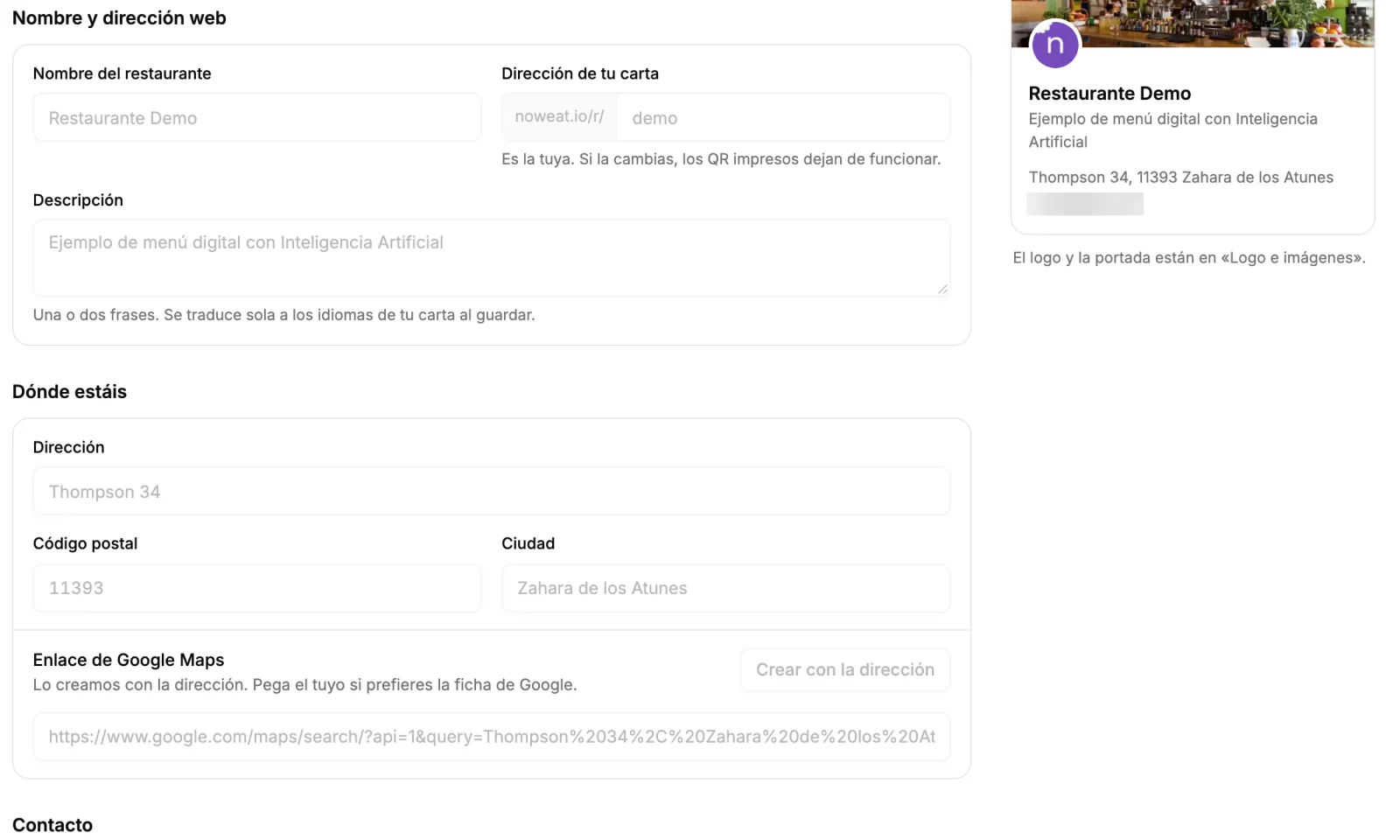 Ajustes › Datos y contacto, con la vista previa de cómo te ven en la carta