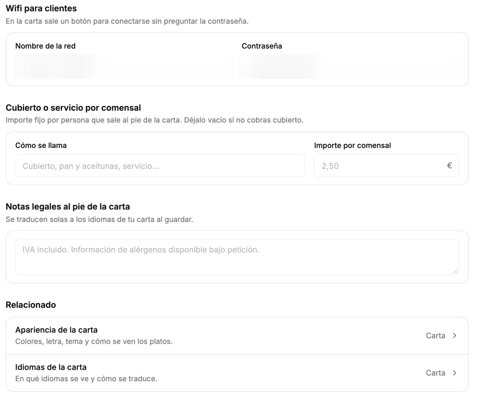 Ajustes › Lo que ve el cliente: wifi, cubierto y notas legales