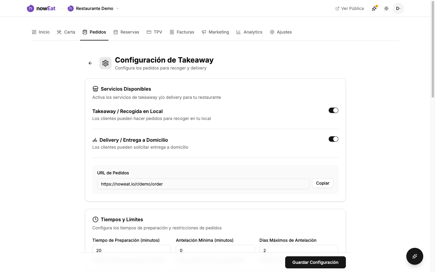 Configuración de Pedidos: interruptores de recogida y reparto a domicilio