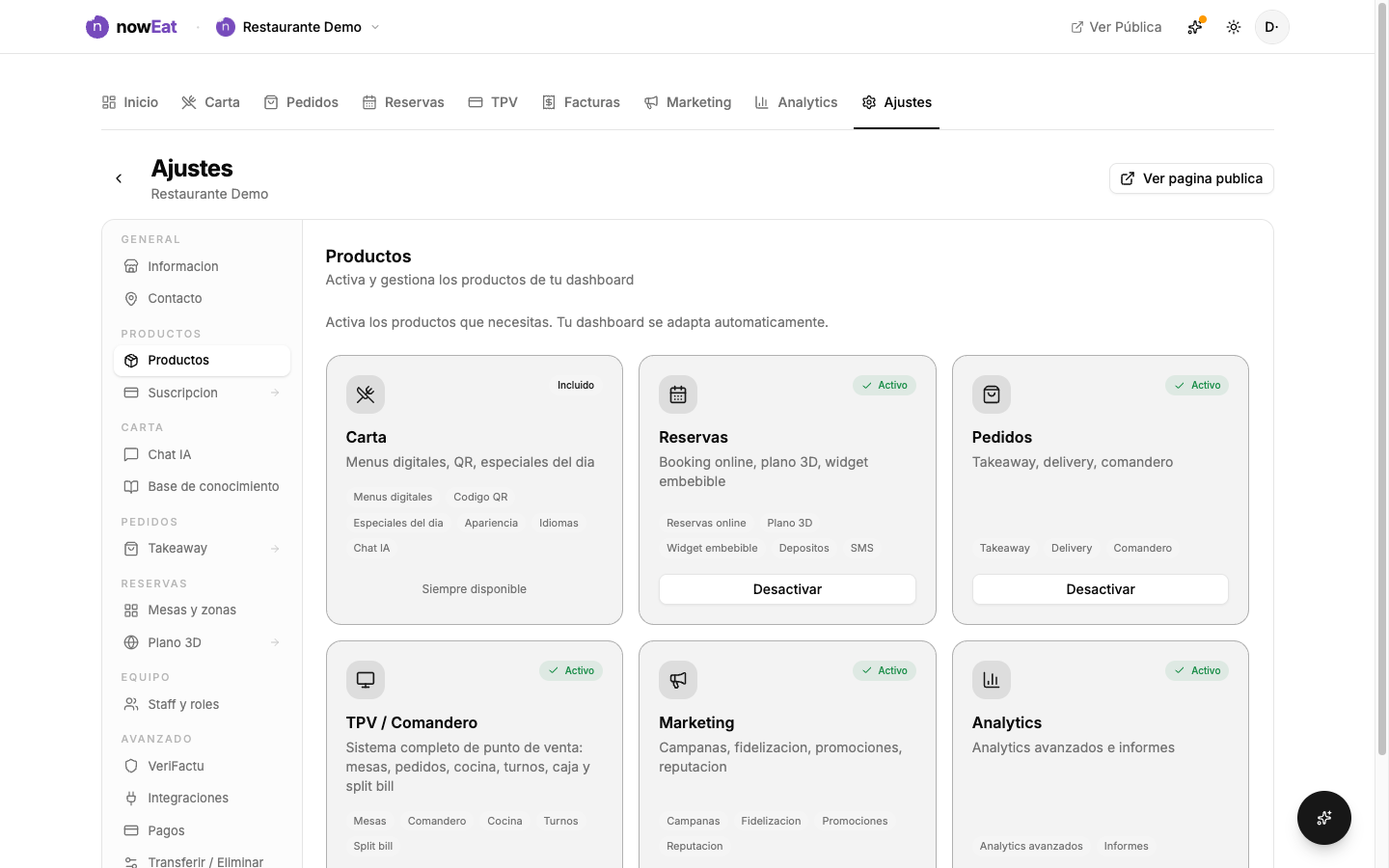 Ajustes › Productos con los módulos que se pueden activar