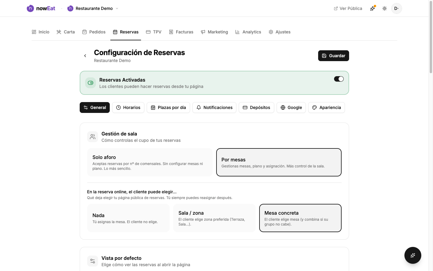 Ajustes de Reservas: pestaña General con el interruptor para aceptar reservas y el modo de sala