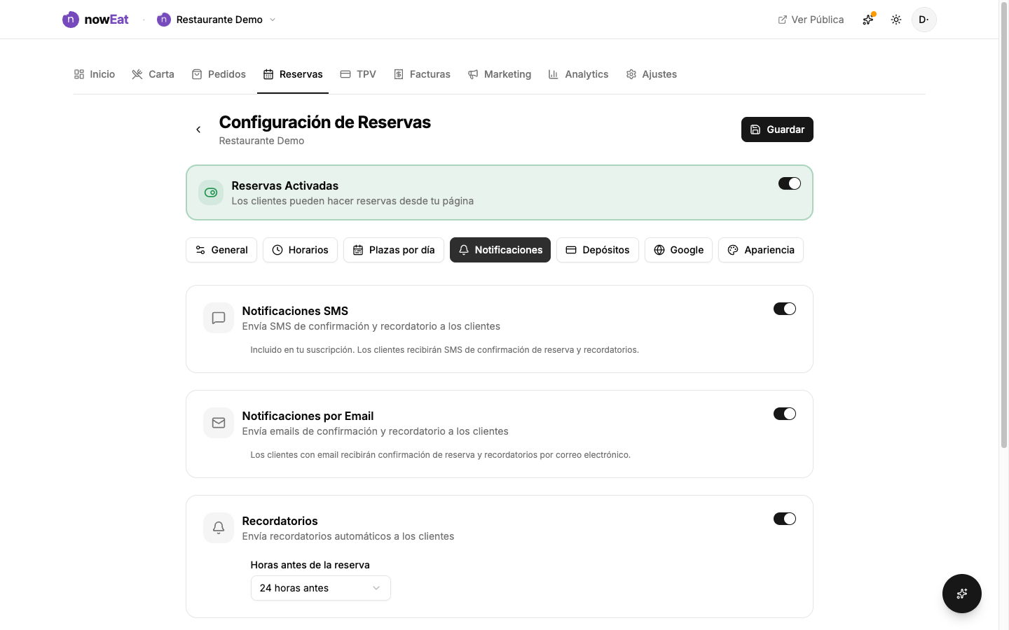 Ajustes de notificaciones de reservas: confirmación y recordatorios por email y SMS