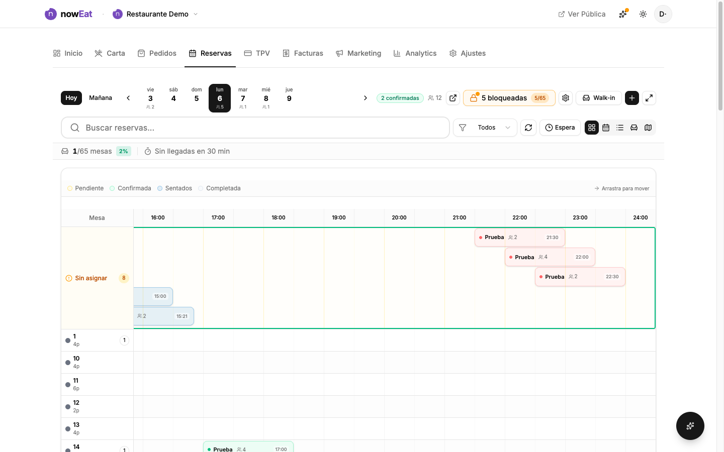 Panel de reservas con las vistas de agenda, calendario y plano