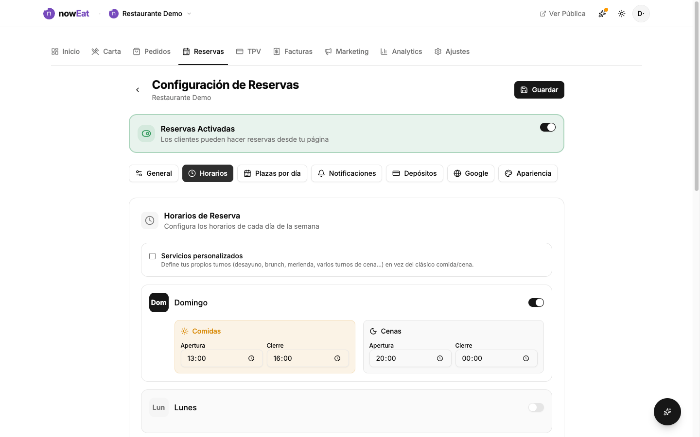 Editor de servicios: nombre, icono, horario por día y aforo del servicio