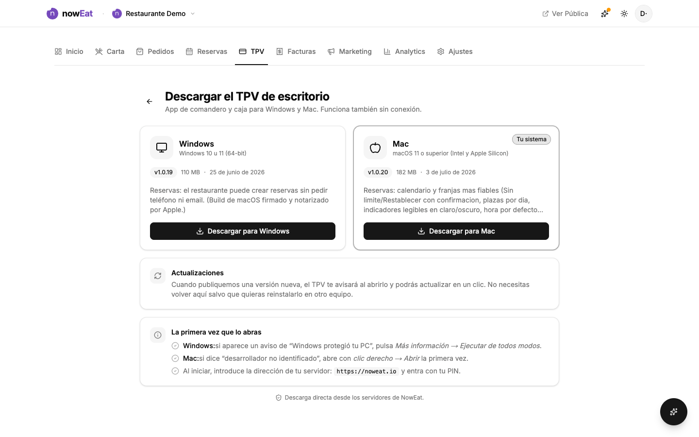 Sección TPV › Descargas con los instaladores de Windows y Mac